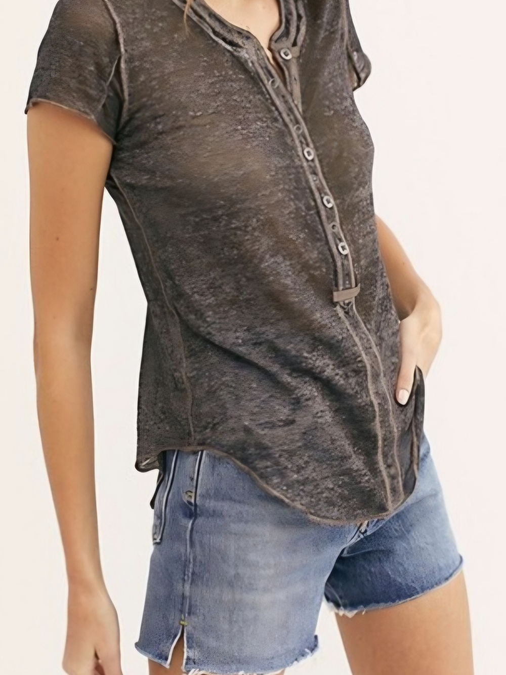 Free People We The Free Kia Washed Black Short Sleeve Washed Burnout Size L